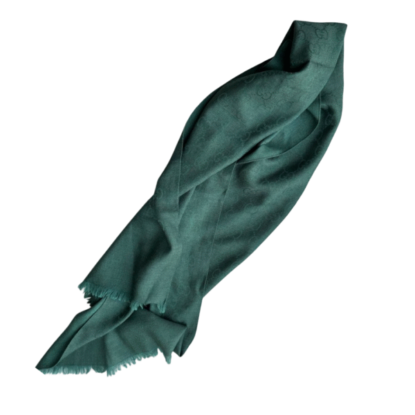 Gucci Dark Green GG Monogram Pattern Silk Jacquard Fringed Wool Blend Stole - Image 2