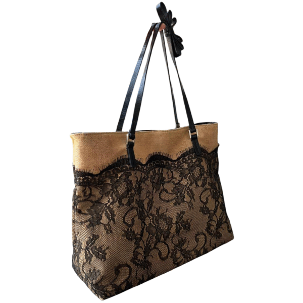 Valentino Garavani Nude Raffia & Black Lace Tote Bag - Image 6