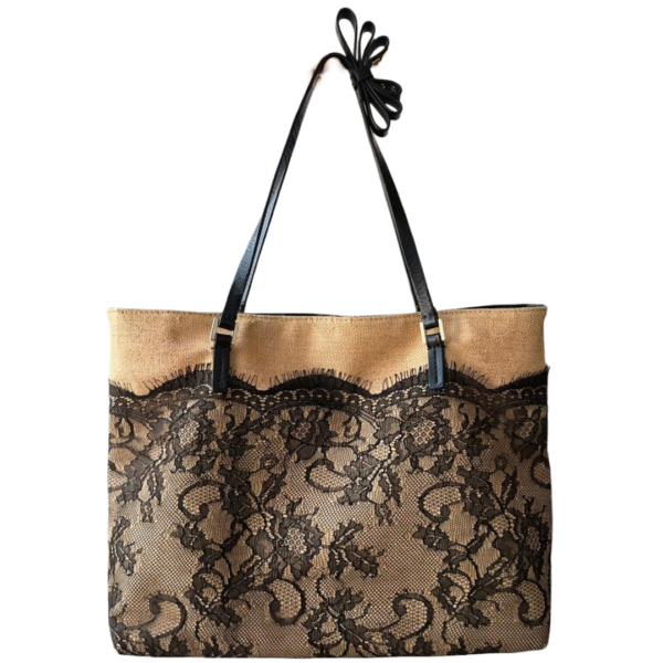 Valentino Garavani Nude Raffia & Black Lace Tote Bag - Image 2
