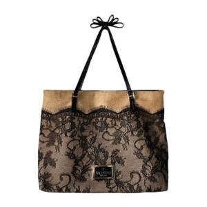 Valentino Garavani Nude Raffia & Black Lace Tote Bag