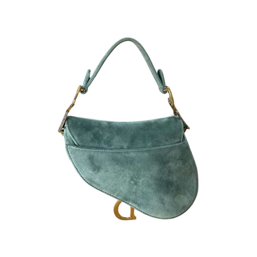 Christian Dior Mini Saddle Bag – Green Suede-Like Velvet with Crystal D Charm - Image 5