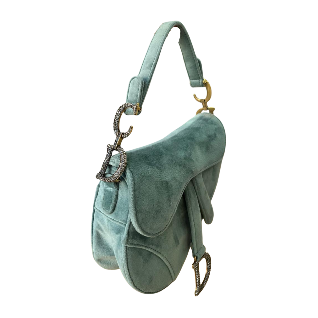 Christian Dior Mini Saddle Bag – Green Suede-Like Velvet with Crystal D Charm - Image 4