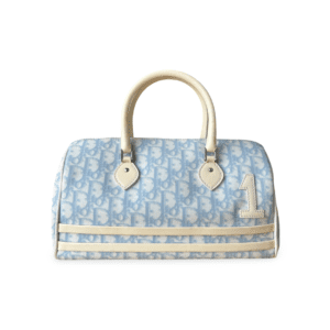 Christian Dior Trotter Small Boston Bag – Light Blue Oblique Canvas & White Patent Trim