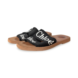 Chloé Woody Flat Slide Black Canvas with Logo Ribbon – Size 39