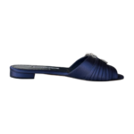 Manolo Blahnik Satin Flat Mules with Crystal Buckle Navy Blue – Size 37.5 - Image 6