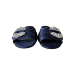 Manolo Blahnik Satin Flat Mules with Crystal Buckle Navy Blue – Size 37.5 - Image 2