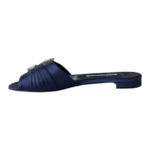 Manolo Blahnik Satin Flat Mules with Crystal Buckle Navy Blue – Size 37.5 - Image 5