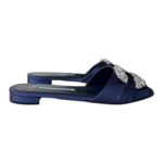 Manolo Blahnik Satin Flat Mules with Crystal Buckle Navy Blue – Size 37.5 - Image 4