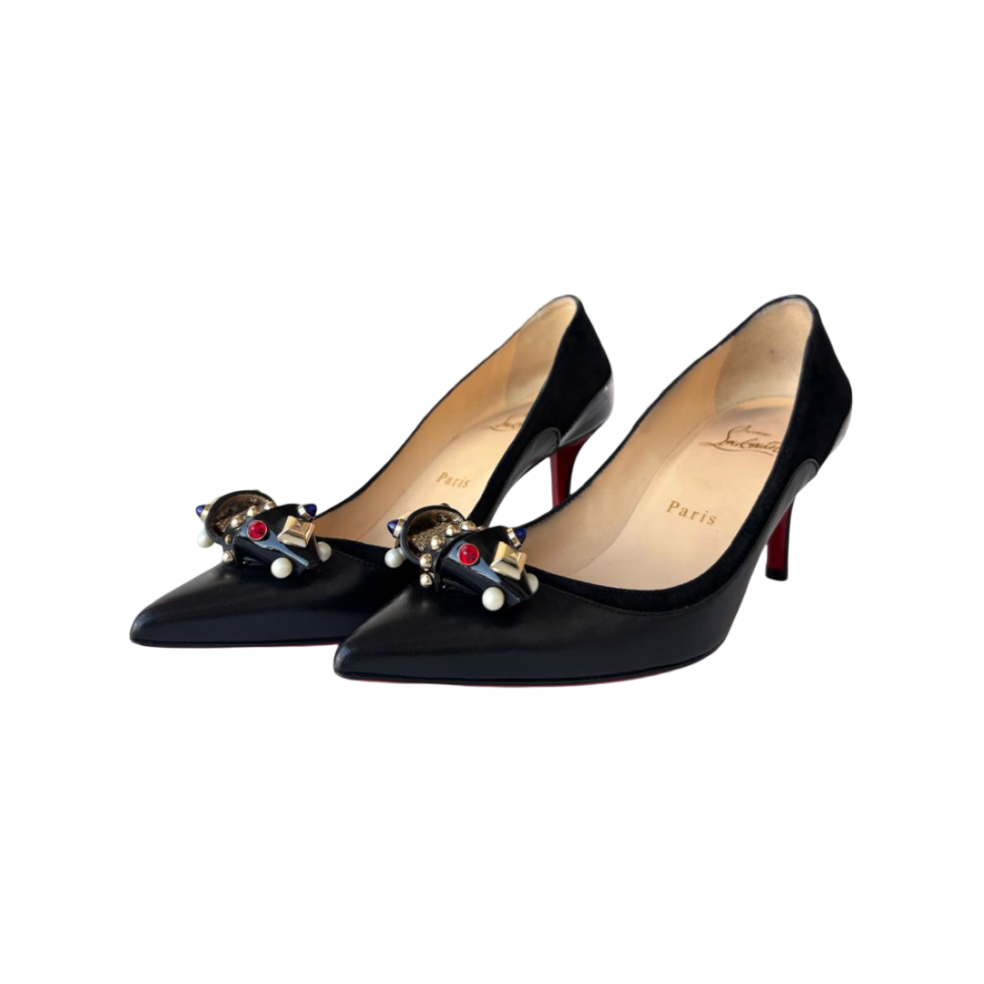 WhatsApp Image 2025-12-30 at 3.26.07 PM Christian Louboutin Black Tudorchic Jeweled Bow Pumps – Size 36 - Image 1