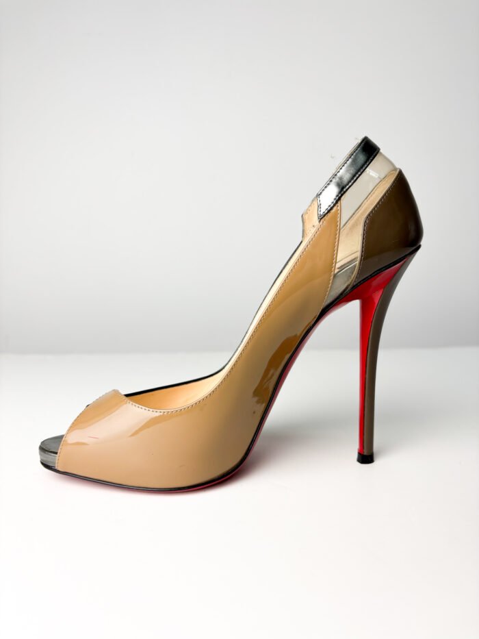 Christian Louboutin Black & Taupe Patent Leather with PVC Accents  Technicatina 120 Peep-Toe Pumps — Size 39 - Image 2