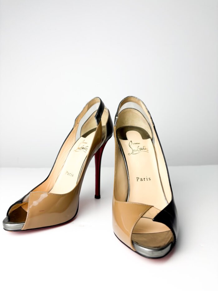 Christian Louboutin Black & Taupe Patent Leather with PVC Accents  Technicatina 120 Peep-Toe Pumps — Size 39 - Image 4