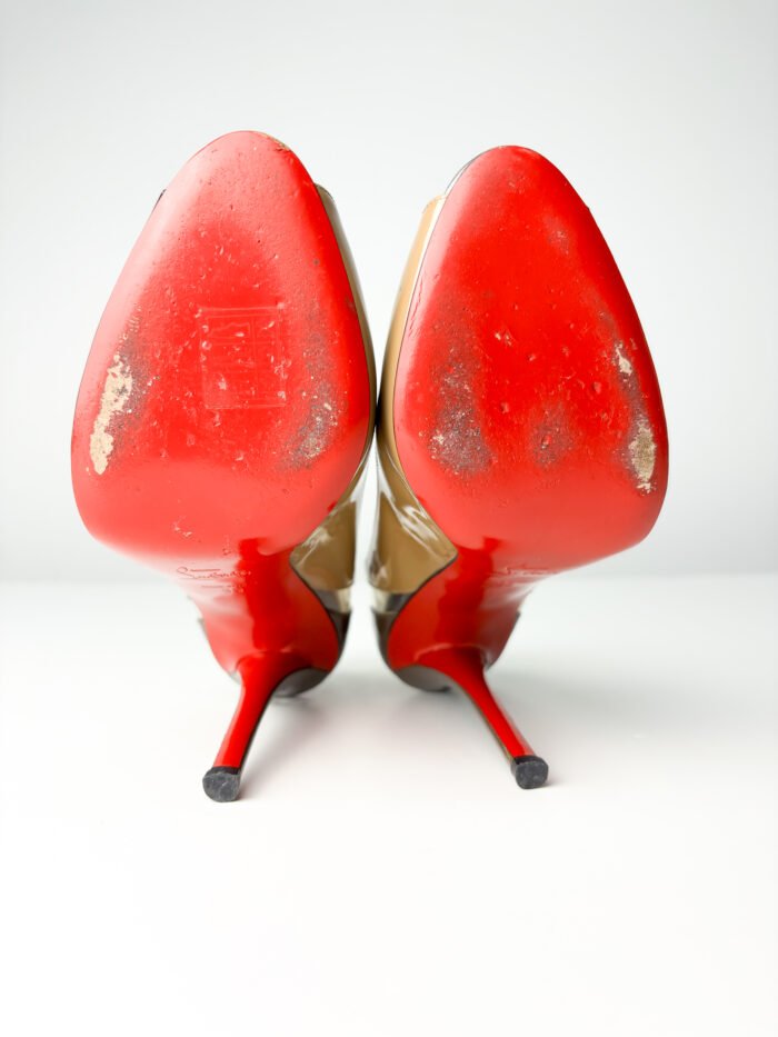 Christian Louboutin Black & Taupe Patent Leather with PVC Accents  Technicatina 120 Peep-Toe Pumps — Size 39 - Image 9