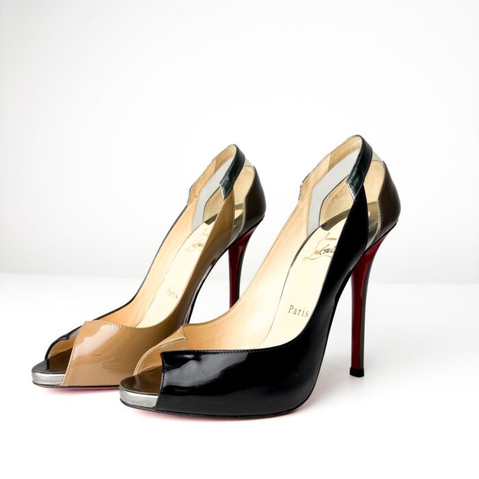 Christian Louboutin Black & Taupe Patent Leather with PVC Accents  Technicatina 120 Peep-Toe Pumps — Size 39 - Image 6