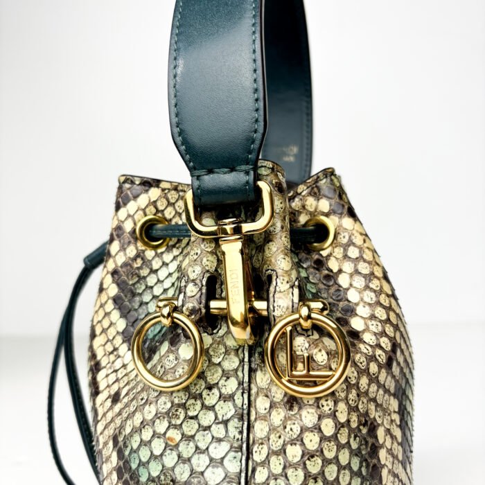 Fendi Mon Python-Embossed Leather in Cream, Charcoal & Mint  Trésor Mini Bucket Bag - Image 3