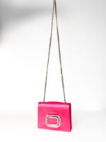 Roger Vivier Dark Pink Satin with Crystal Buckle & Silver-Tone Chain Strap Evening Micro Bag - Image 7