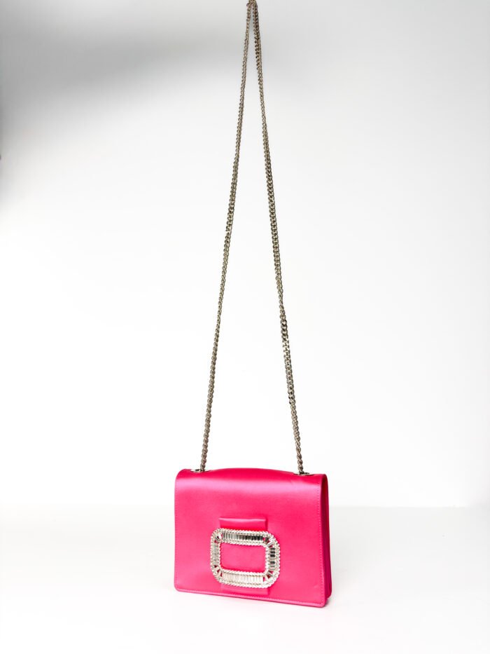 Roger Vivier Dark Pink Satin with Crystal Buckle & Silver-Tone Chain Strap Evening Micro Bag - Image 7