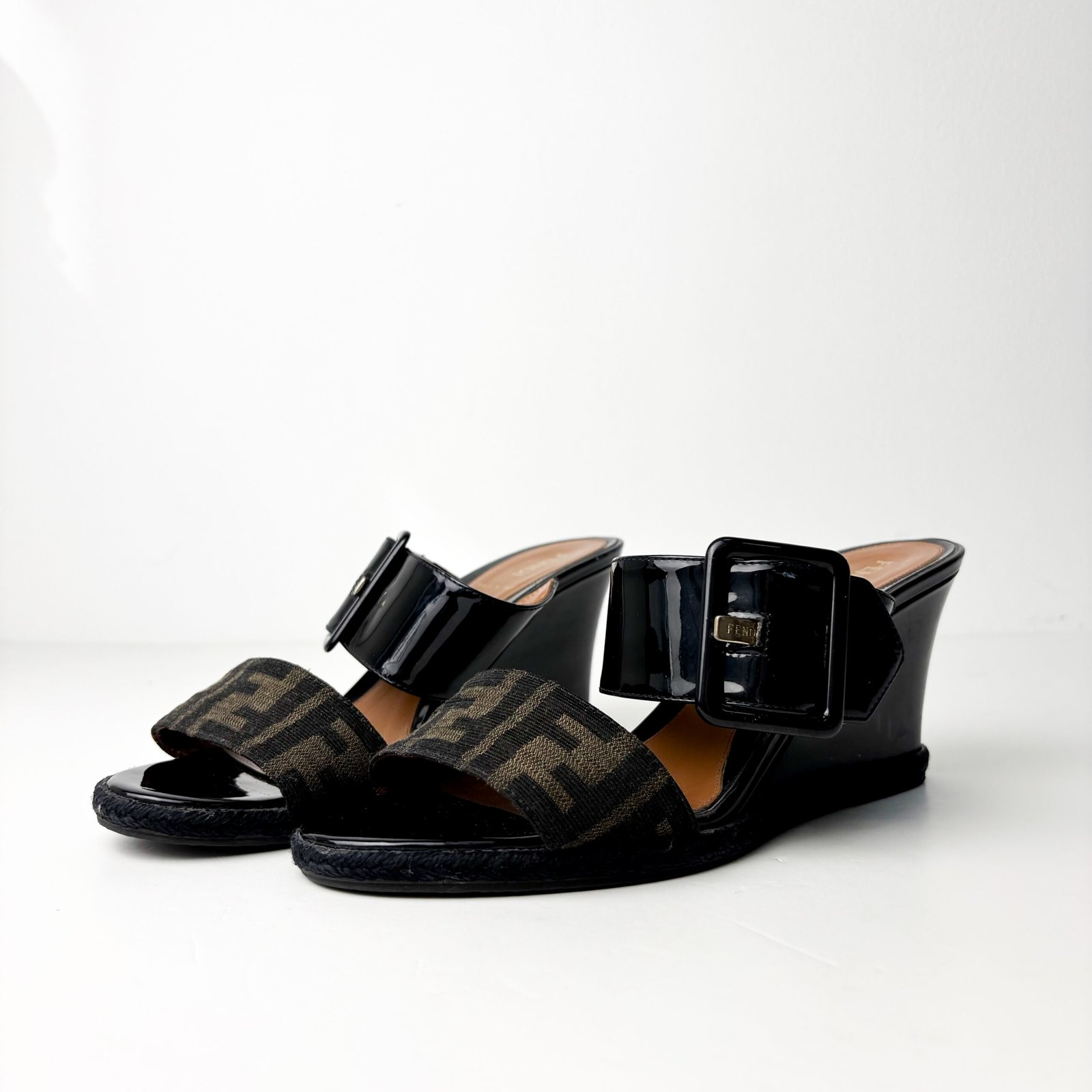 IMG_2458 Fendi Black Patent Leather & Tobacco Zucca Canvas Demi Wedge Sandals — Size 39 - Image 1