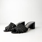 GINA London Black Leather Crystal-Embellished Block Heel Slide Sandals — Size 38