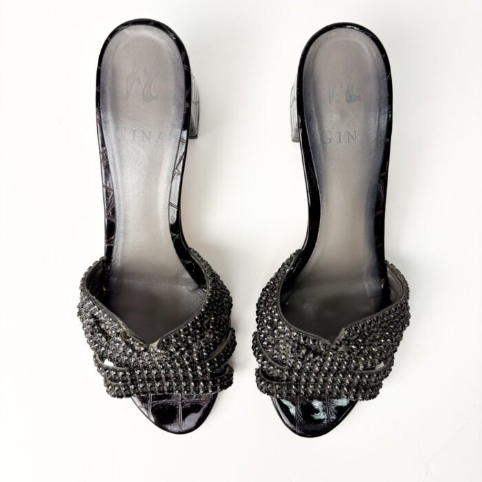 GINA London Black Leather Crystal-Embellished Block Heel Slide Sandals — Size 38 - Image 5