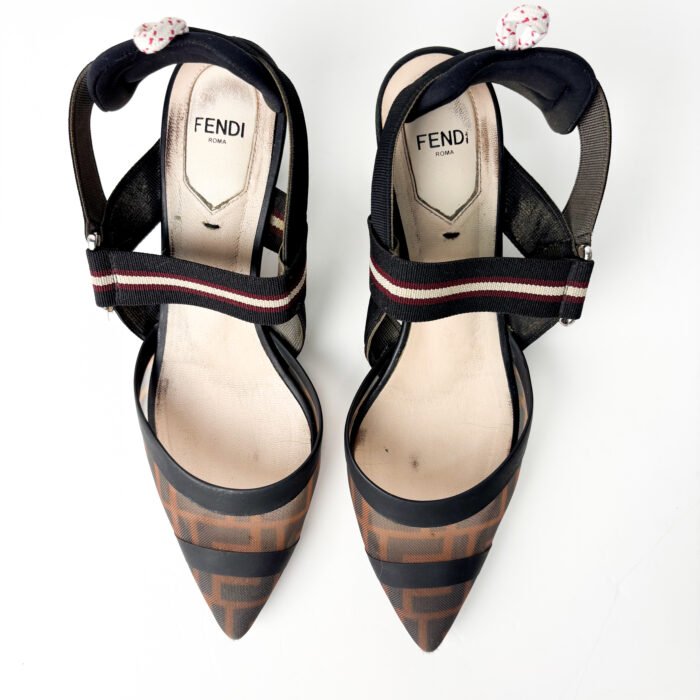 Fendi FF-Monogram Mesh & Fabric Colibrì Slingback Pumps — Size 38.5 - Image 4