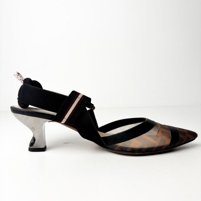 Fendi FF-Monogram Mesh & Fabric Colibrì Slingback Pumps — Size 38.5 - Image 10