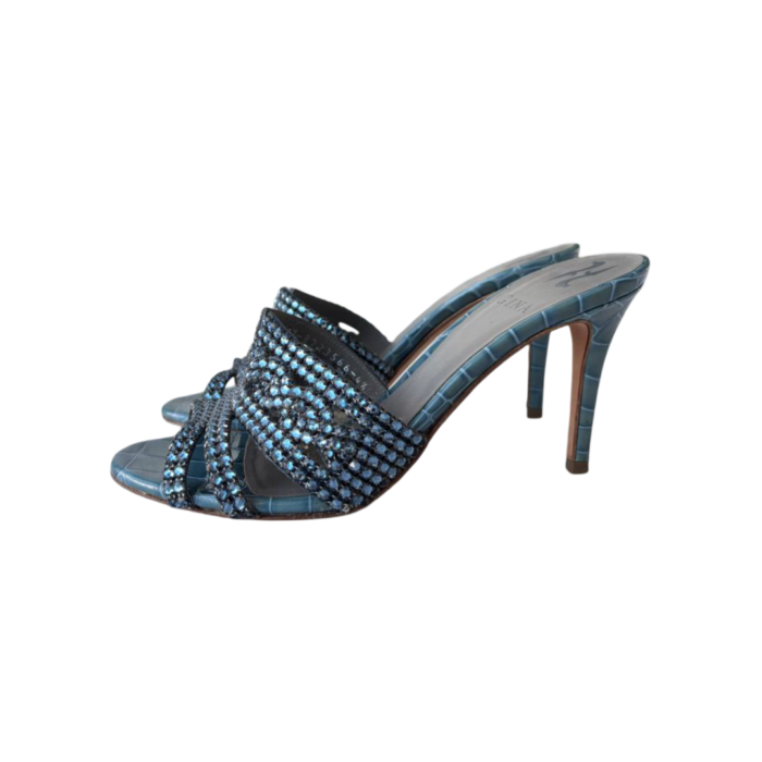 Gina Loren Blue Croc-Embossed Leather Crystal-Embellished Sandals — 4 1/2 (Size 37.5) - Image 3
