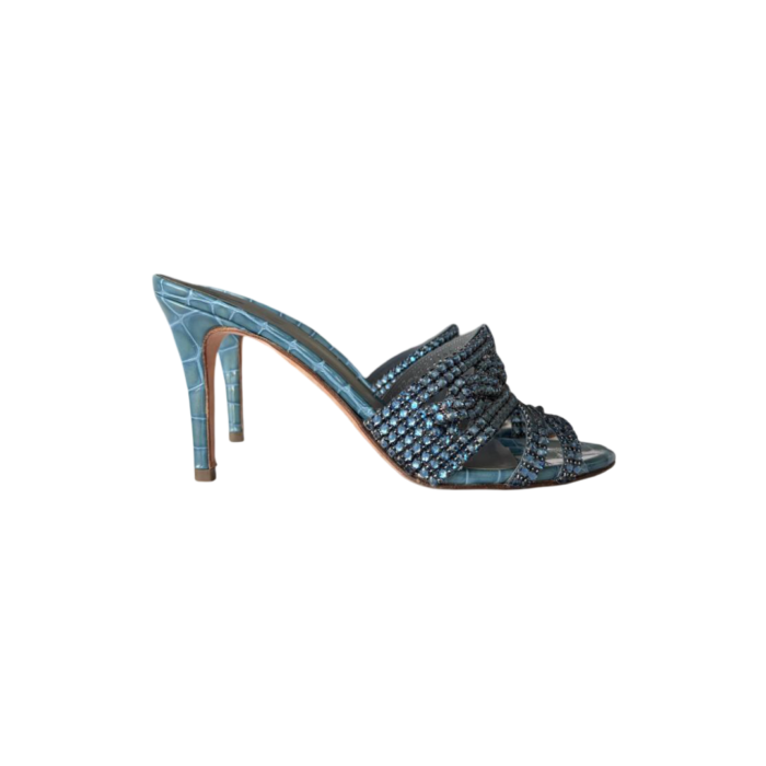 Gina Loren Blue Croc-Embossed Leather Crystal-Embellished Sandals — 4 1/2 (Size 37.5) - Image 4