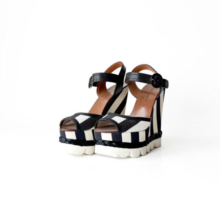 Dolce & Gabbana Monochrome Leather and Lizard Embossed Leather Ankle Strap Platform Wedge Sandals Size 37